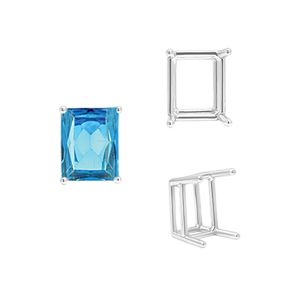 ITI NYC Four Prong Emerald Shape Wire Basket Settings in Sterling Silver (3.00 x 2.25 mm - 30.00 x 22.00 mm)