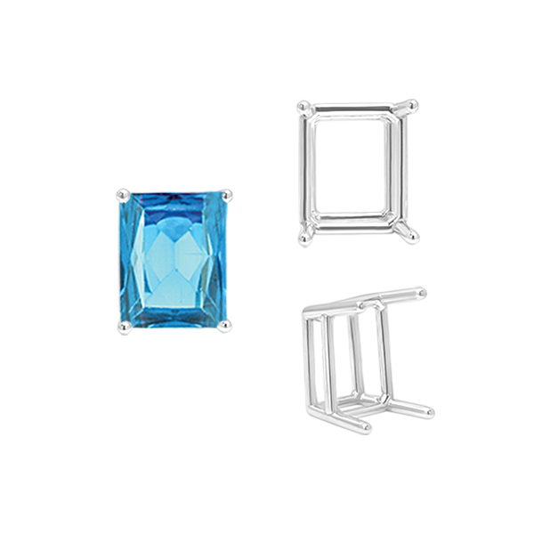 ITI NYC Four Prong Emerald Shape Wire Basket Settings in Sterling Silver (3.00 x 2.25 mm - 30.00 x 22.00 mm)