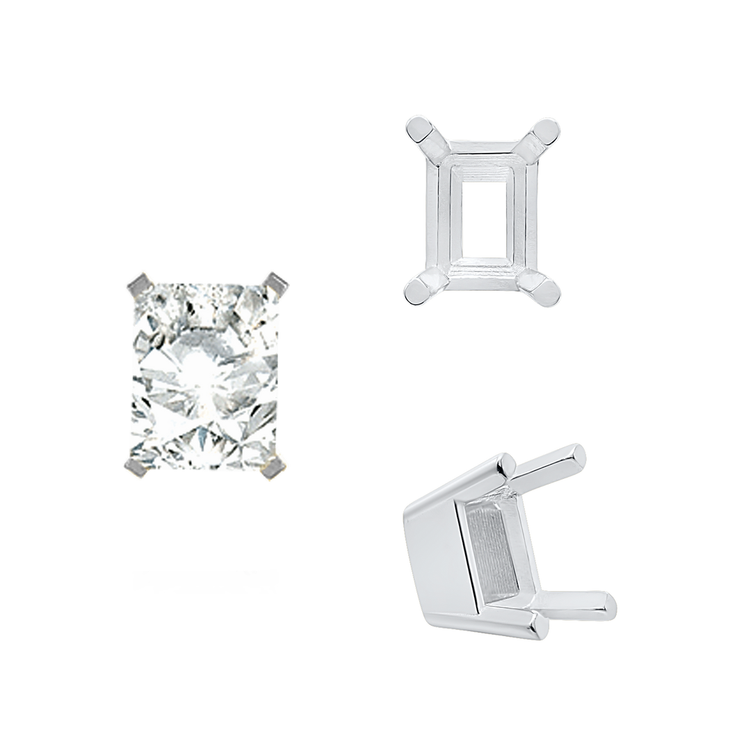 ITI NYC Four Prong Emerald Shape Solid Base Settings in Sterling Silver (5.00 x 3.00 mm - 8.50 x 6.50 mm)