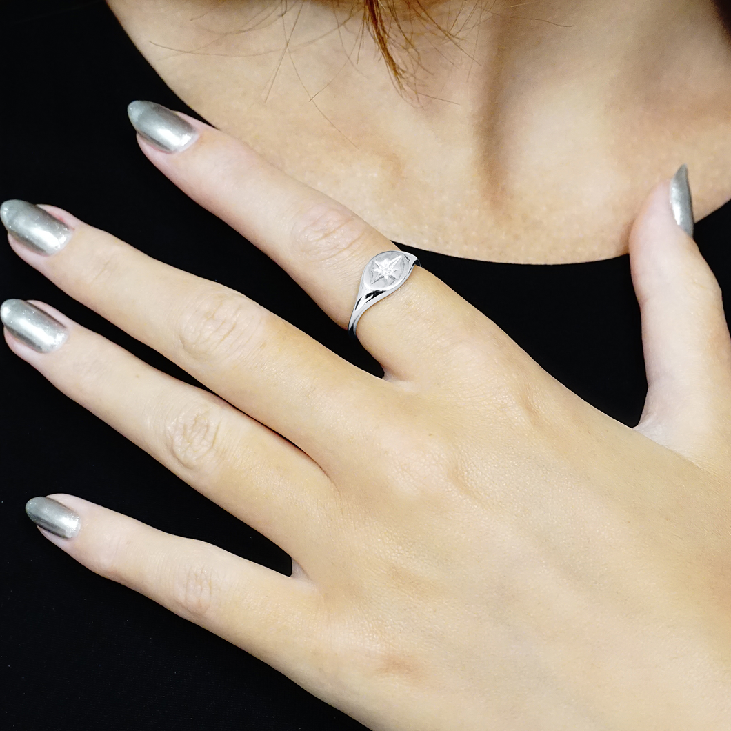 Oval Signet Ring with Starburst Etching in Sterling Silver