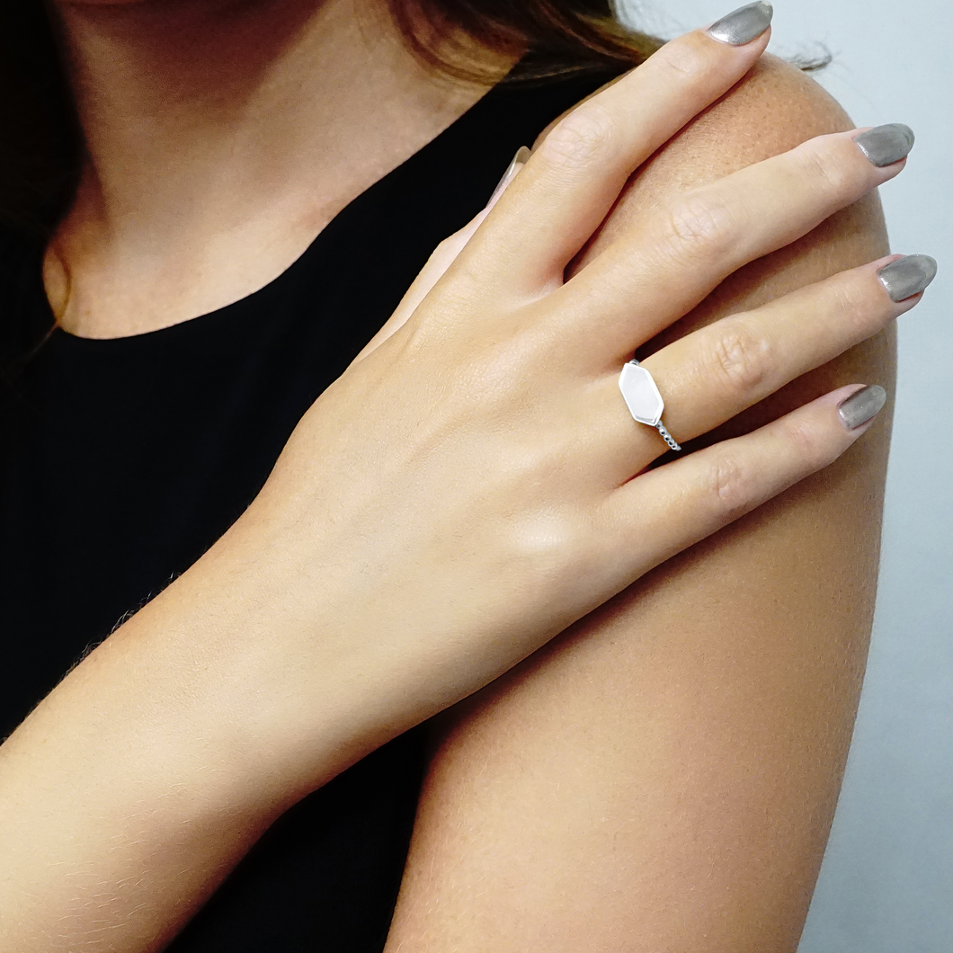 Engravable Hexagon Signet with Dotted Band in Sterling Silver