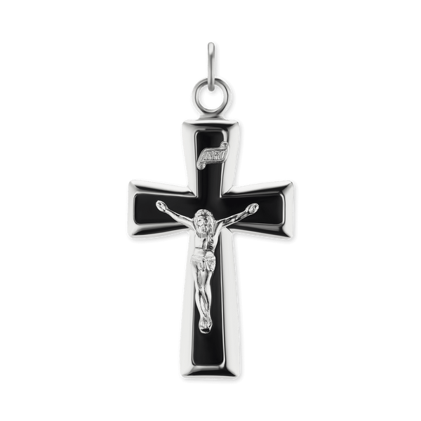 ITI NYC Traditional Crucifix Pendant with Black Enamel in Sterling Silver