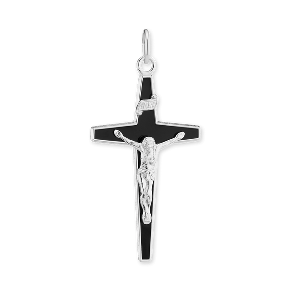 ITI NYC Tapered Crucifix Pendant with Black Enamel in Sterling Silver