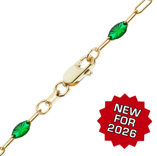Finished Paperclip Cable with Green Emerald Enamel Bracelet in 14K Gold-Filled