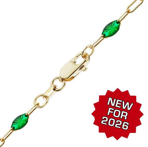 Finished Paperclip Cable with Green Emerald Enamel Bracelet in 14K Gold-Filled