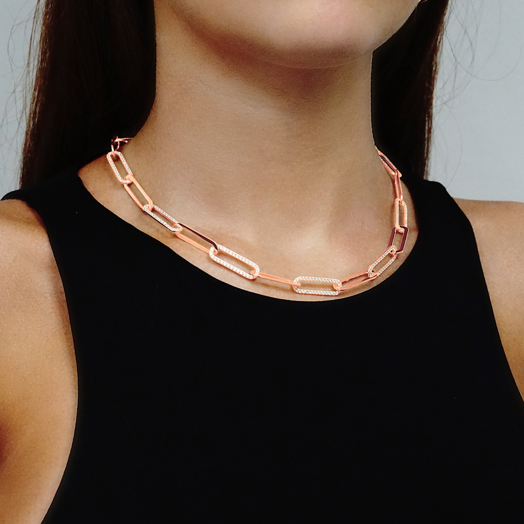 Tribeca Trace Paperclip Chain Necklace with Stones in Sterling Silver 18K Rose Gold Finish