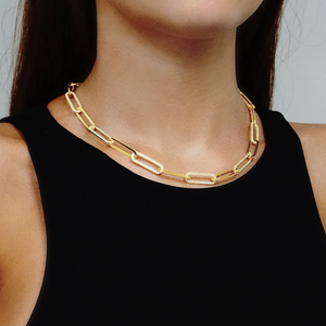 Tribeca Trace Paperclip Chain Necklace with Stones in Sterling Silver 18K Yellow Gold Finish