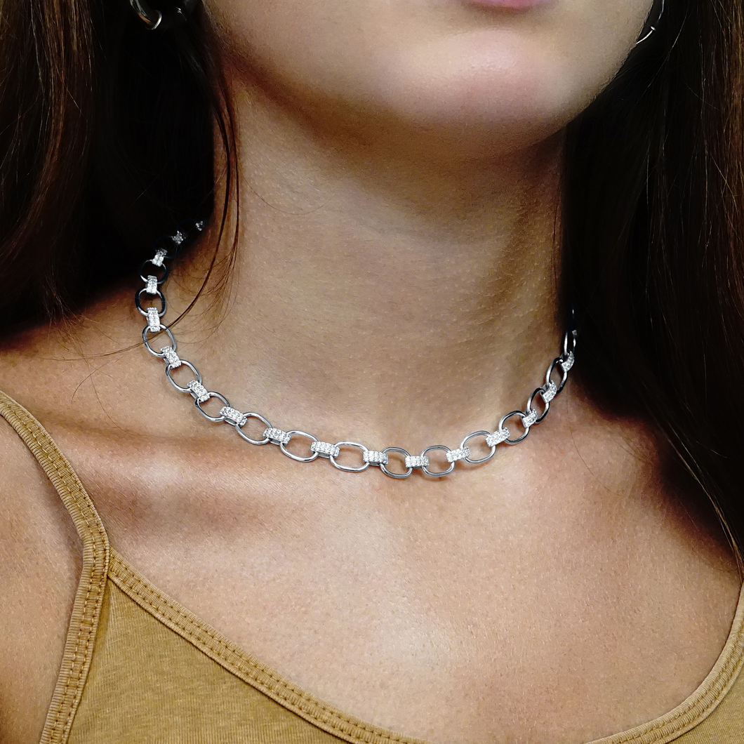 Oval Tribeca Trace Chain Paperclip Necklace with Alternating Stones in Sterling Silver
