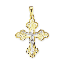 Load image into Gallery viewer, ITI NYC Filigree Trefoil Crucifix Pendant in 14K Gold

