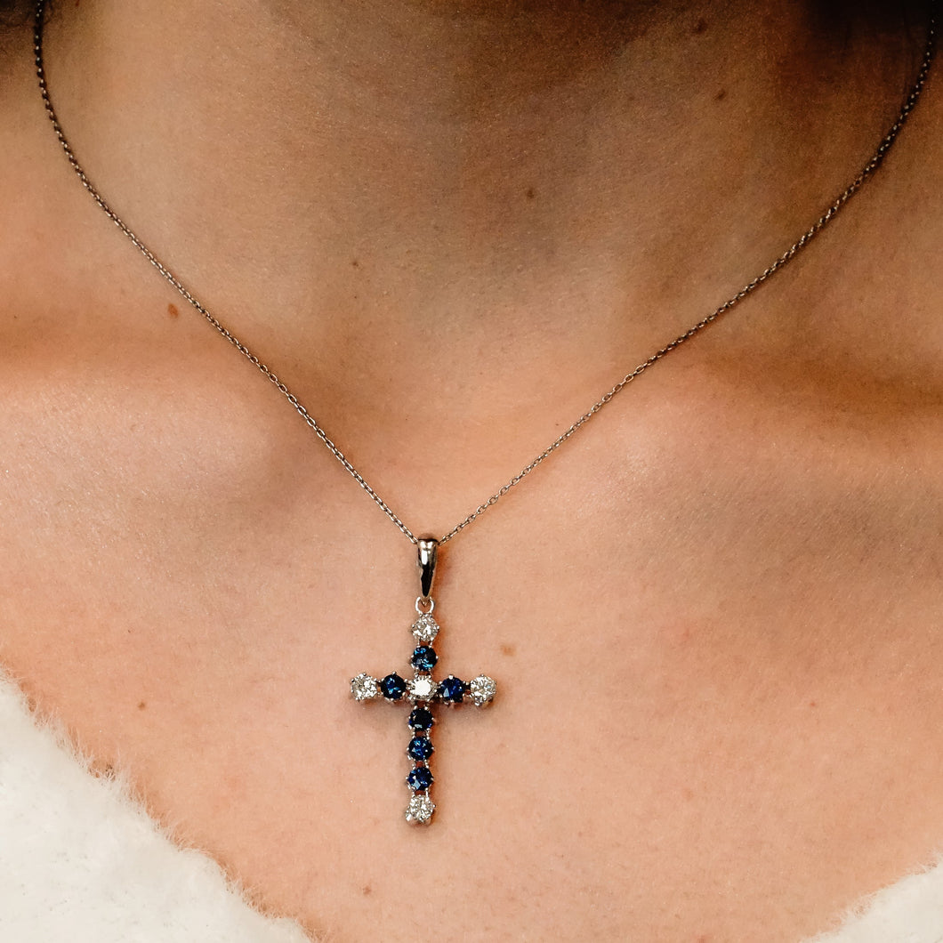 ITI NYC Cross Pendant with Diamonds and Sapphire Stones in 14K Gold