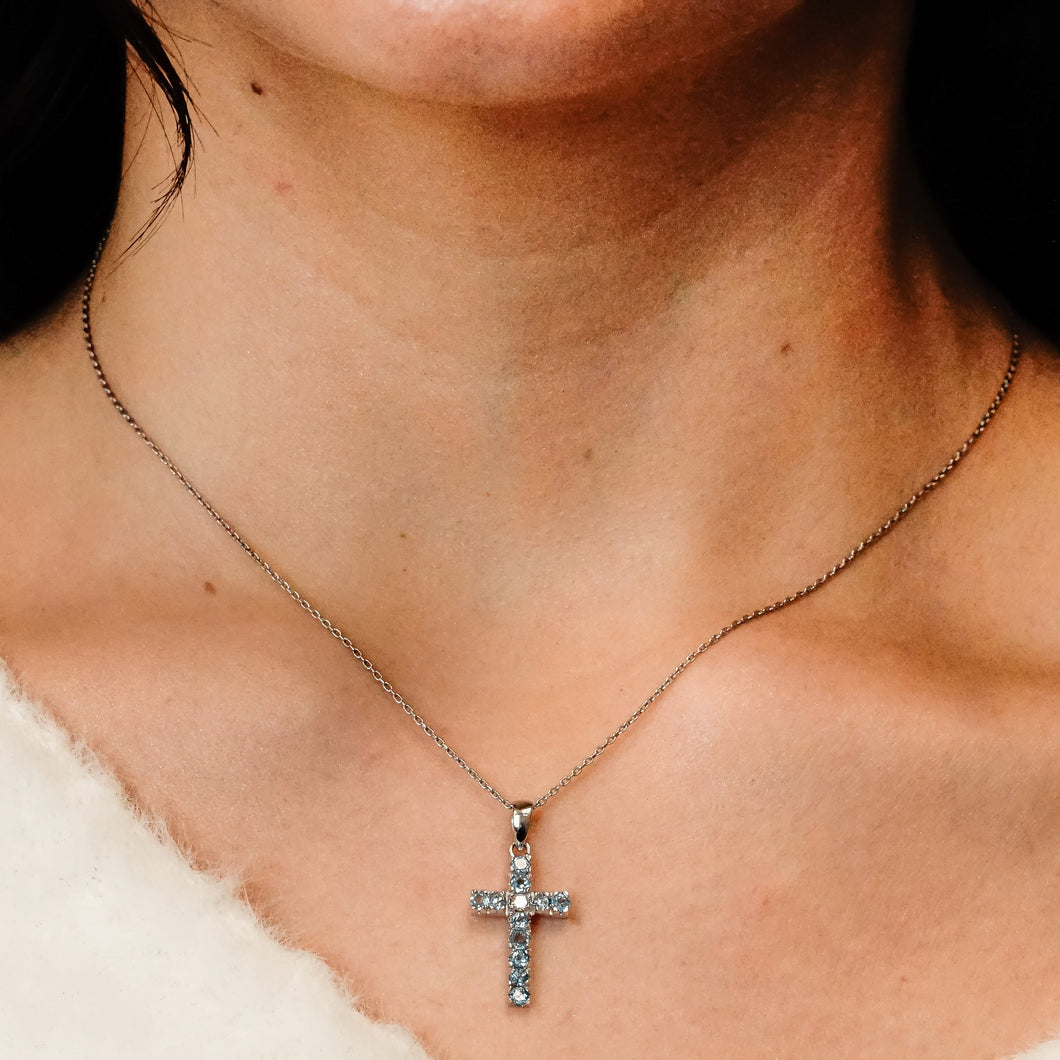 ITI NYC Cross Pendant with Diamonds and Blue Topaz Stones in 14K Gold