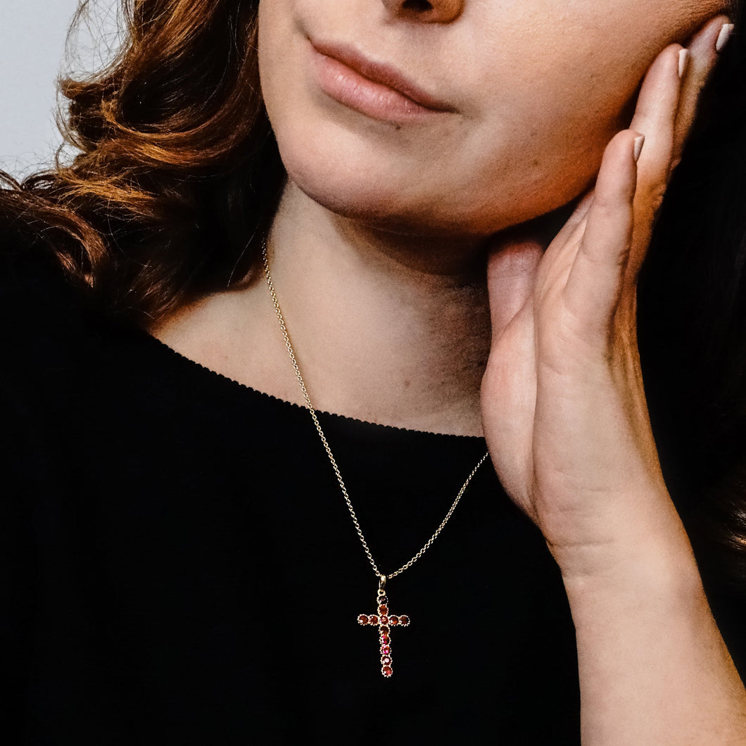 ITI NYC Bezel Set Cross Pendant with Ruby Stones in 14K Gold