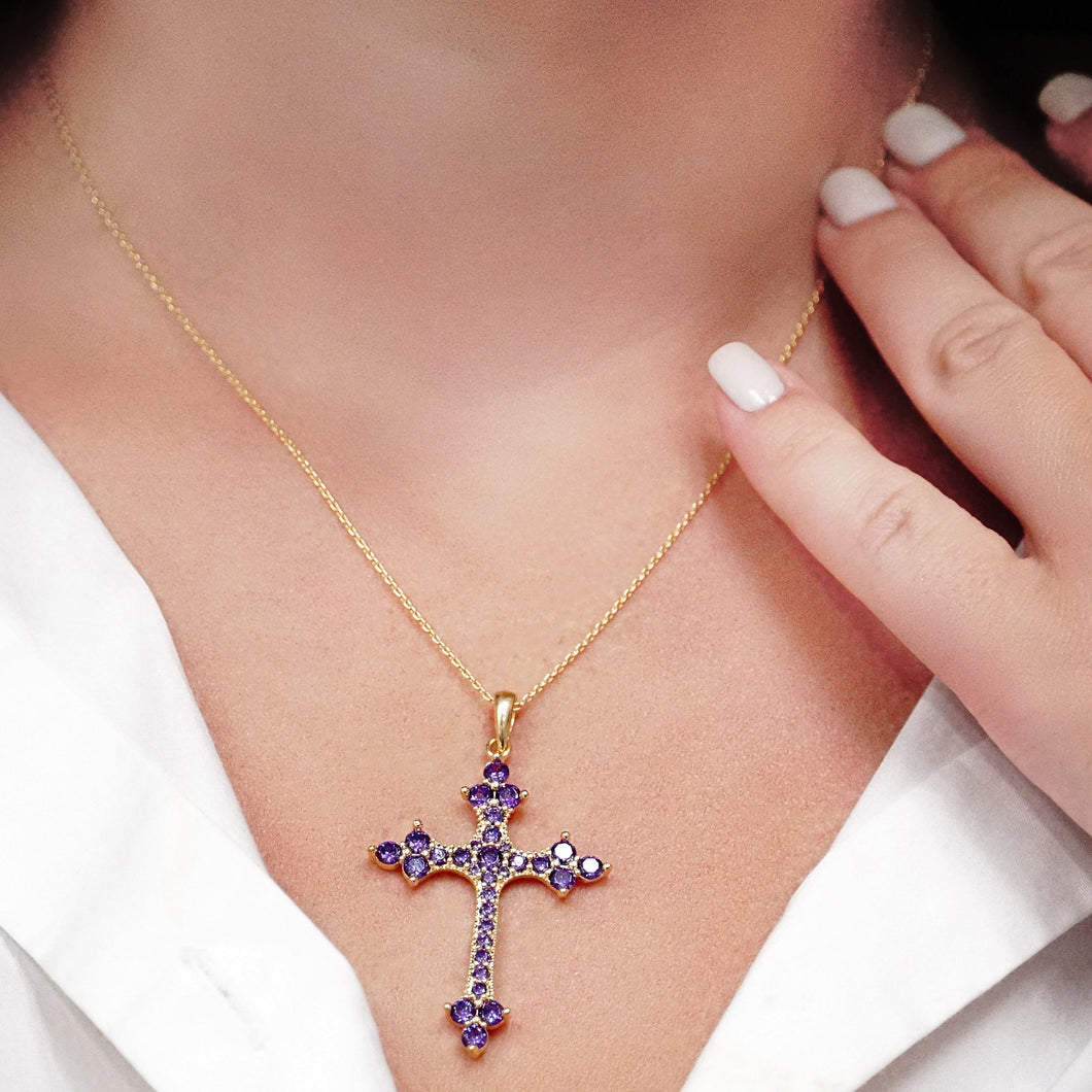 ITI NYC Trinity Cross Pendant with Purple Cubic Zirconia in Sterling Silver