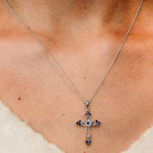 Load image into Gallery viewer, ITI NYC Trinity Cross Pendant with Purple Cubic Zirconia in Sterling Silver
