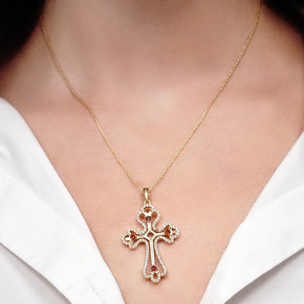 ITI NYC Trefoil Cross Pendant with Orange Cubic Zirconia in Sterling Silver