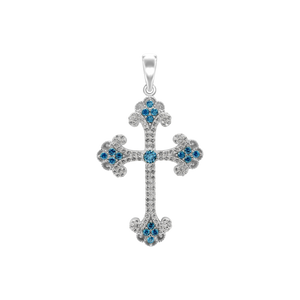 ITI NYC Budded Cross Pendant with Light Blue Cubic Zirconia in Sterling Silver