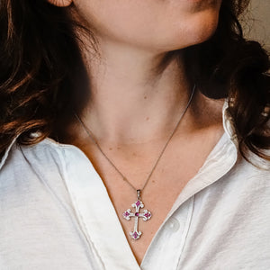ITI NYC Budded Cross Pendant with Pink Cubic Zirconia in Sterling Silver