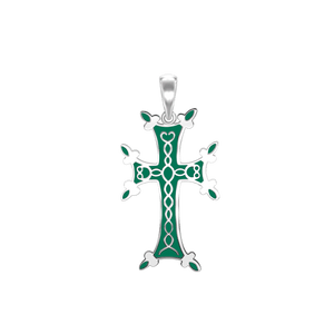 ITI NYC Armenian Cross Pendant with Green Enamel in Sterling Silver