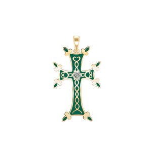 ITI NYC Armenian Cross Pendant with Cubic Zirconia and Green Enamel in Sterling Silver