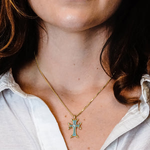 ITI NYC Armenian Cross Pendant with Cubic Zirconia and Light Blue Enamel in Sterling Silver