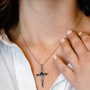 ITI NYC Tapered Crucifix Pendant with Black Enamel in Sterling Silver