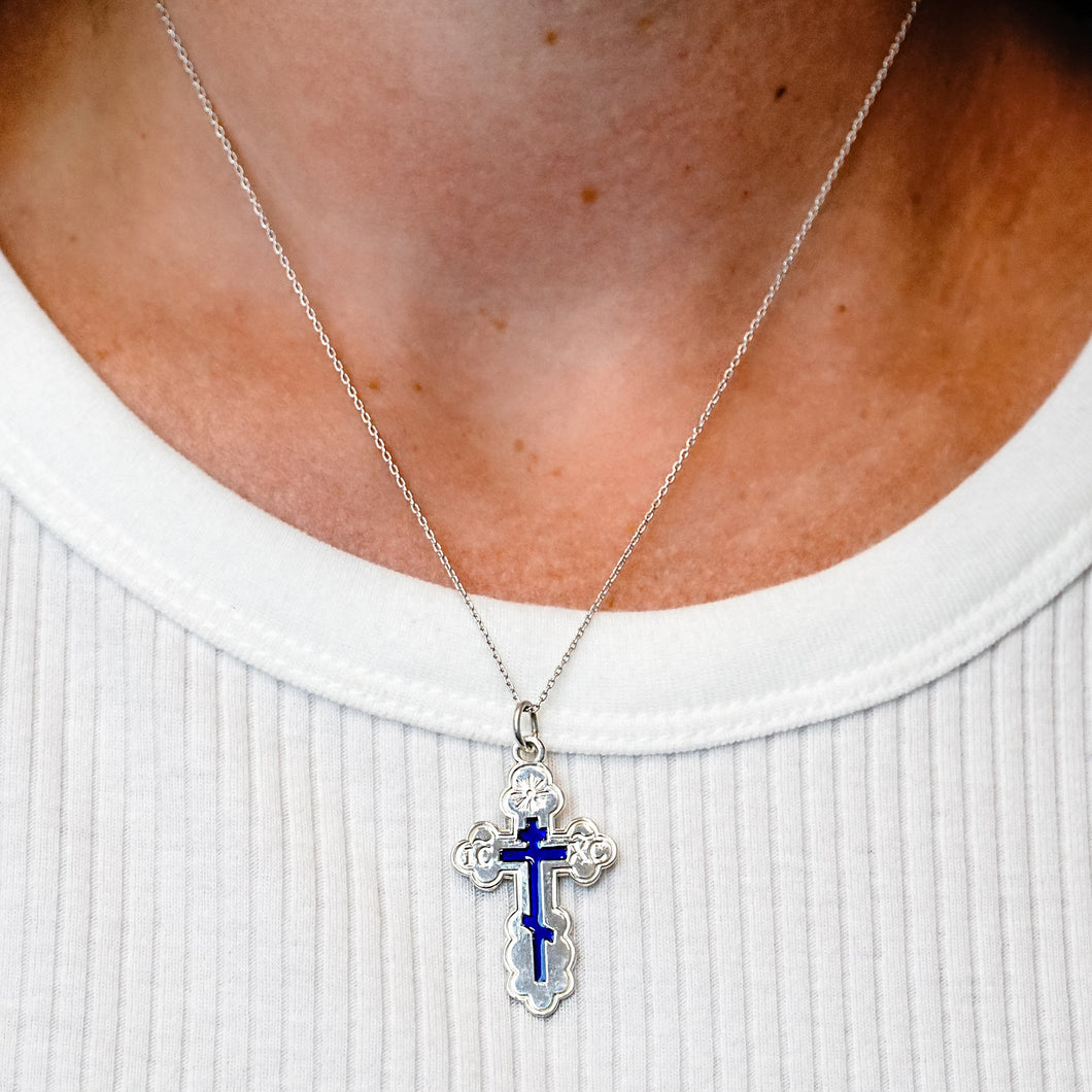 ITI NYC Orthodox Cross Pendant with Blue Enamel in Sterling Silver
