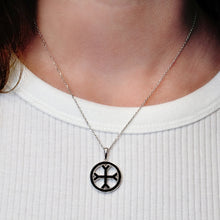 Load image into Gallery viewer, ITI NYC Fourchee Cross Pendant Medallion with Black Enamel in Sterling Silver
