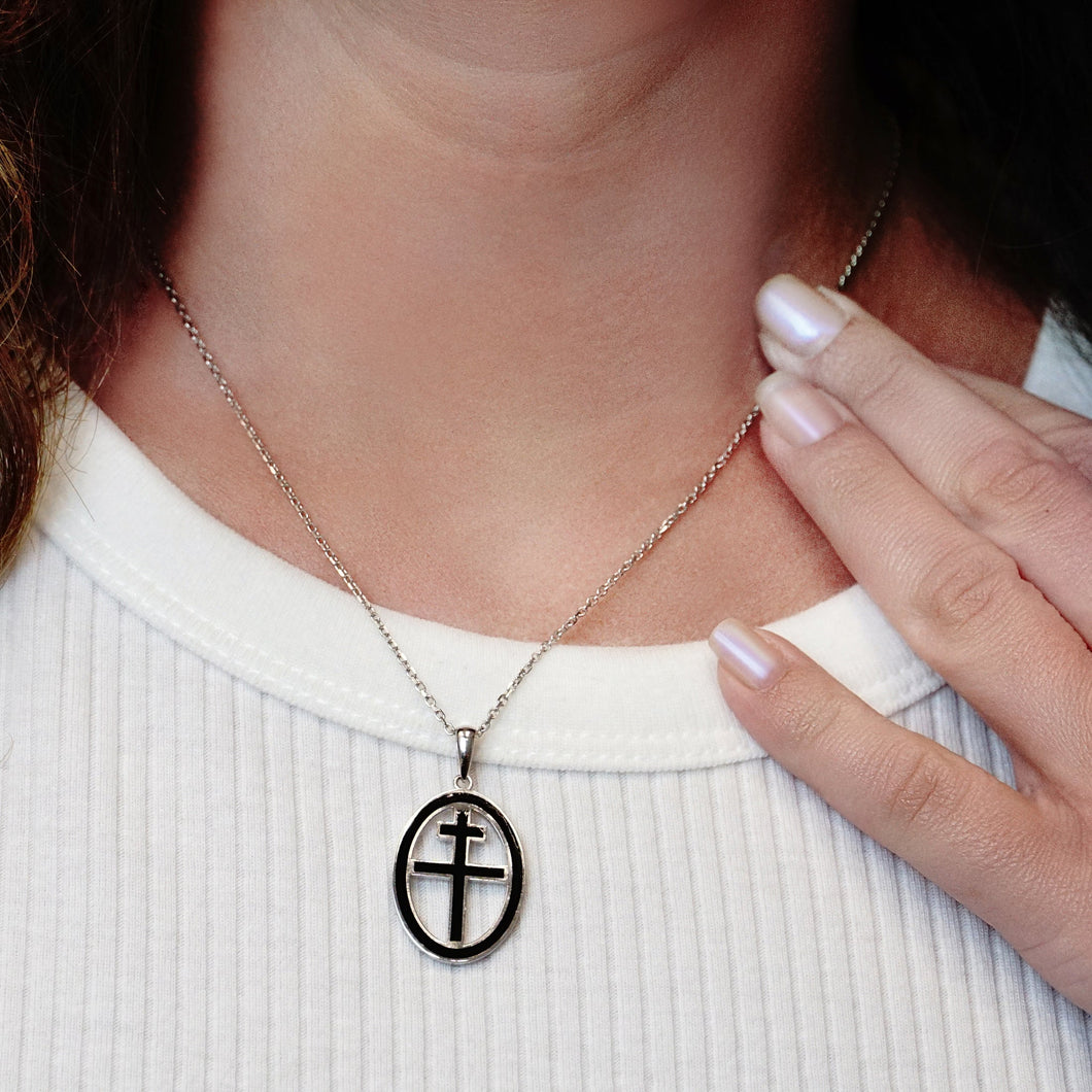 ITI NYC Patriarchal Cross Pendant Medallion with Black Enamel in Sterling Silver