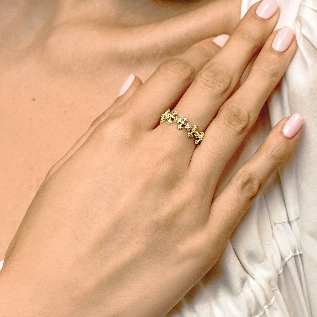 Stackable Cross Ring with Stones and Crown Design in 14K Gold