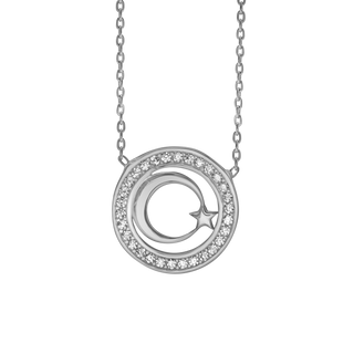 Encircled Moon and Star Necklace with Cubic Zirconia in Sterling Silver (15 x 15mm)
