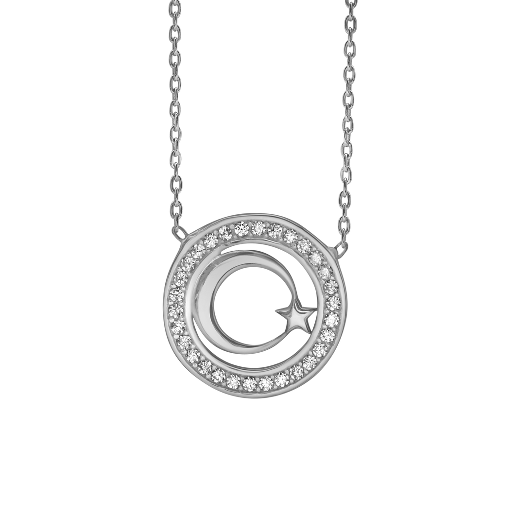 Encircled Moon and Star Necklace with Cubic Zirconia in Sterling Silver (15 x 15mm)