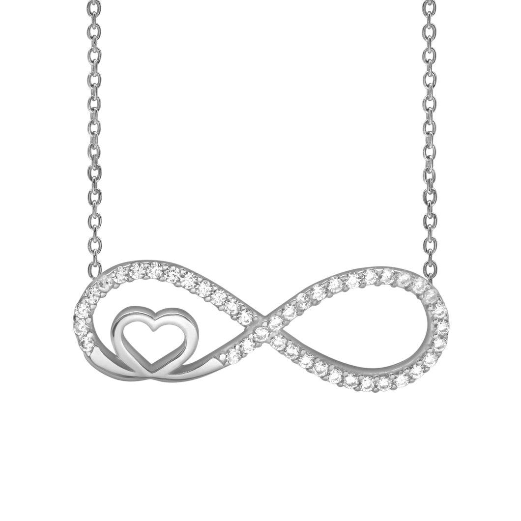 Infinity with Small Heart Necklace with Cubic Zirconia in Sterling Silver (29 x 10mm)