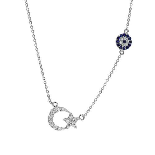 ITI NYC Moon, Star, and Evil Eye Necklace in Sterling Silver