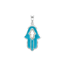 Load image into Gallery viewer, ITI NYC Hamsa Pendant with Blue Enamel and Cubic Zirconia in Sterling Silver
