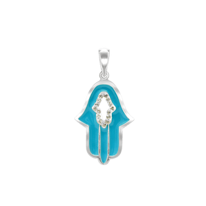ITI NYC Hamsa Pendant with Blue Enamel and Cubic Zirconia in Sterling Silver