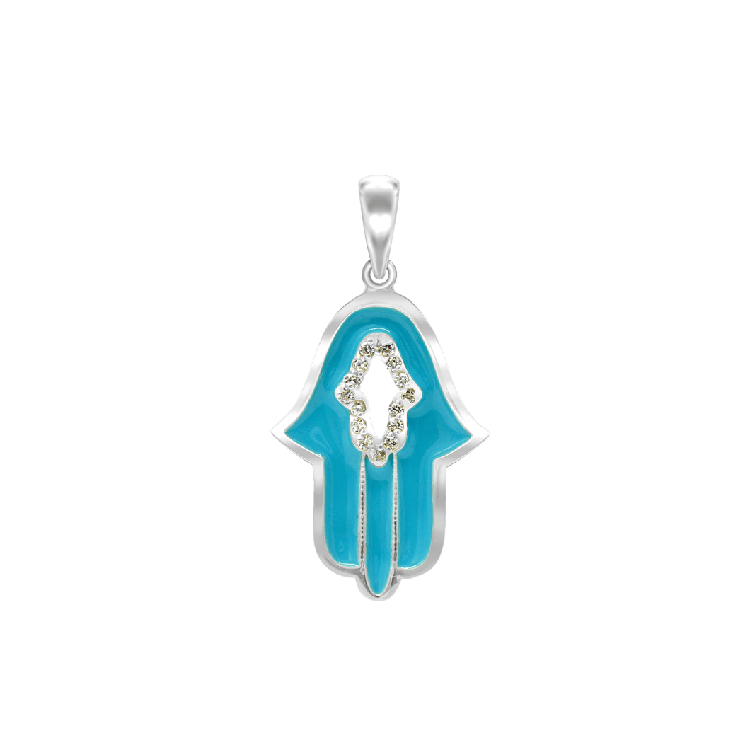 ITI NYC Hamsa Pendant with Blue Enamel and Cubic Zirconia in Sterling Silver