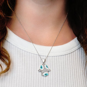ITI NYC Hamsa Pendant with Evil Eye with Blue Enamel in Sterling Silver