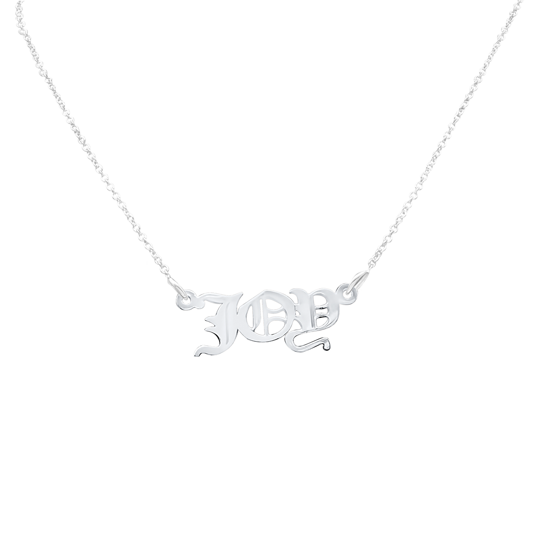 Old English Laser Cut Out Necklace in 14K White Gold