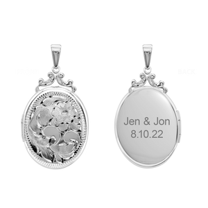 ITI NYC Hand Engraved Design Oval Locket in Sterling Silver  with Optional Engraving (35 x 24 mm)
