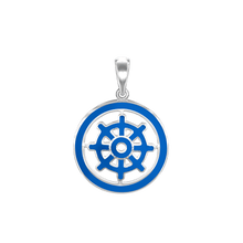Load image into Gallery viewer, ITI NYC Buddhism Dharma Wheel Pendant with Blue Enamel in Sterling Silver
