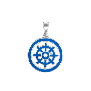 ITI NYC Buddhism Dharma Wheel Pendant with Blue Enamel in Sterling Silver