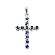 Load image into Gallery viewer, ITI NYC Bezel Set Cross Pendant with Sapphire Stones in 14K Gold
