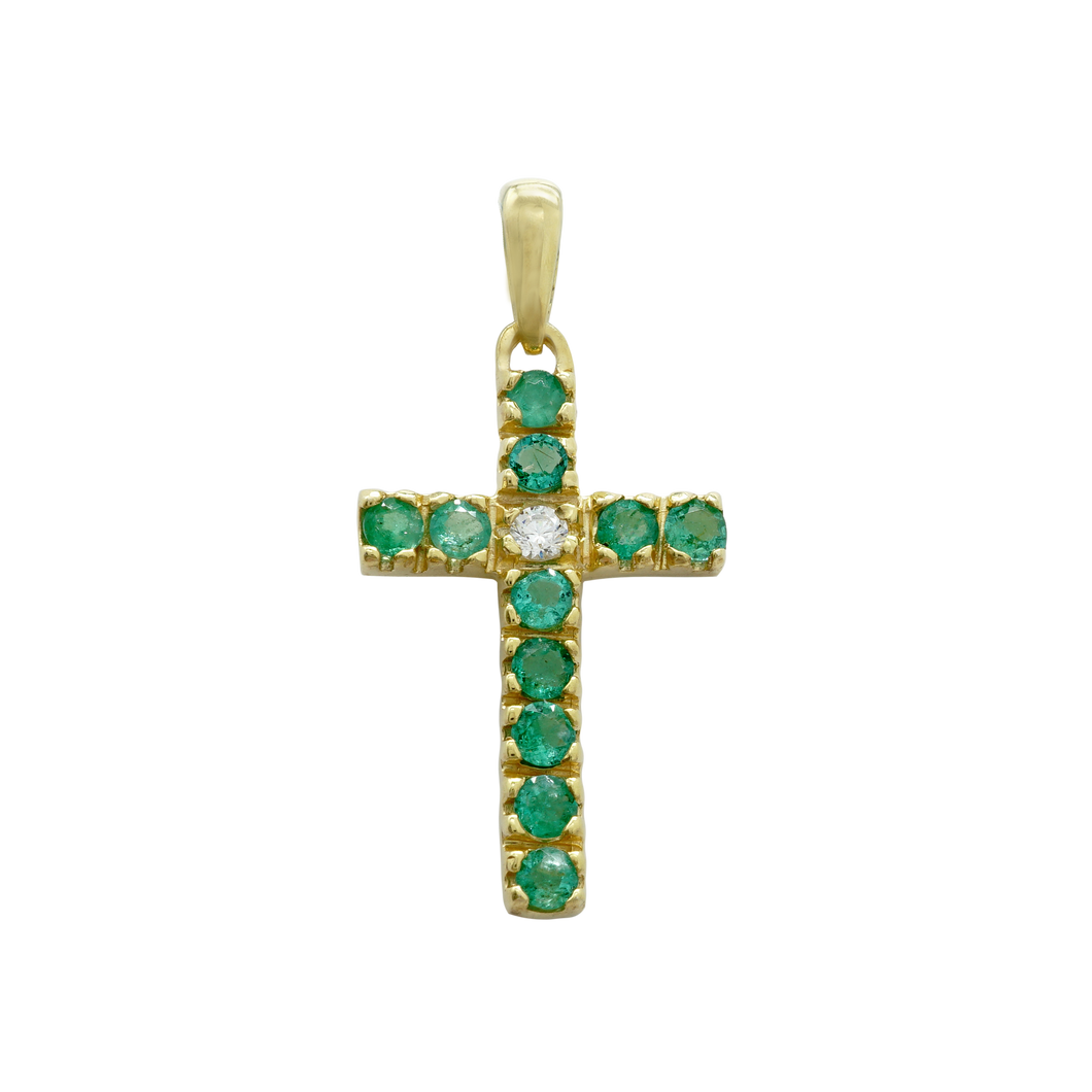 ITI NYC Cross Pendant with Diamonds and Emerald Stones in 14K Gold