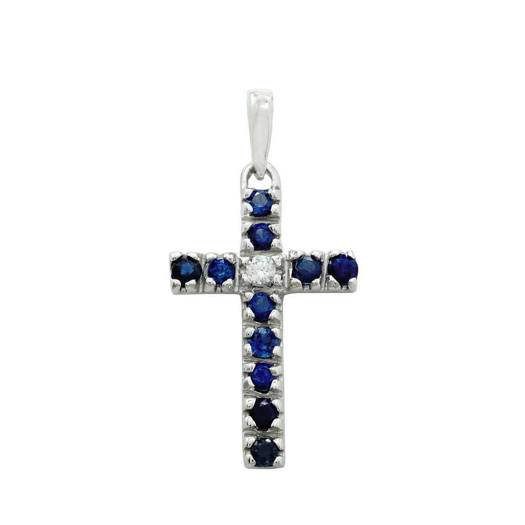 ITI NYC Cross Pendant with Diamonds and Sapphire Stones in 14K Gold