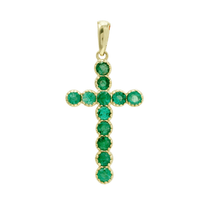 ITI NYC Bezel Set Cross Pendant with Emerald Stones in 14K Gold