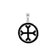 Load image into Gallery viewer, ITI NYC Fourchee Cross Pendant Medallion with Black Enamel in Sterling Silver

