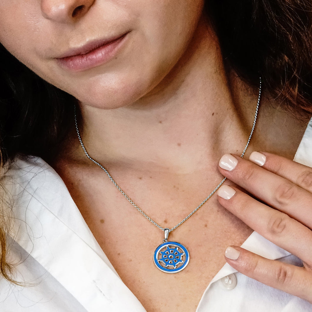 ITI NYC Buddhism Dharma Wheel Pendant with Blue Enamel in Sterling Silver
