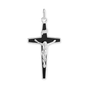 ITI NYC Tapered Crucifix Pendant with Black Enamel in Sterling Silver