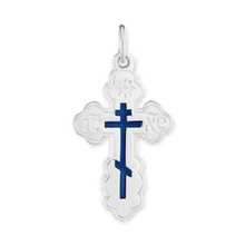 Load image into Gallery viewer, ITI NYC Orthodox Cross Pendant with Blue Enamel in Sterling Silver
