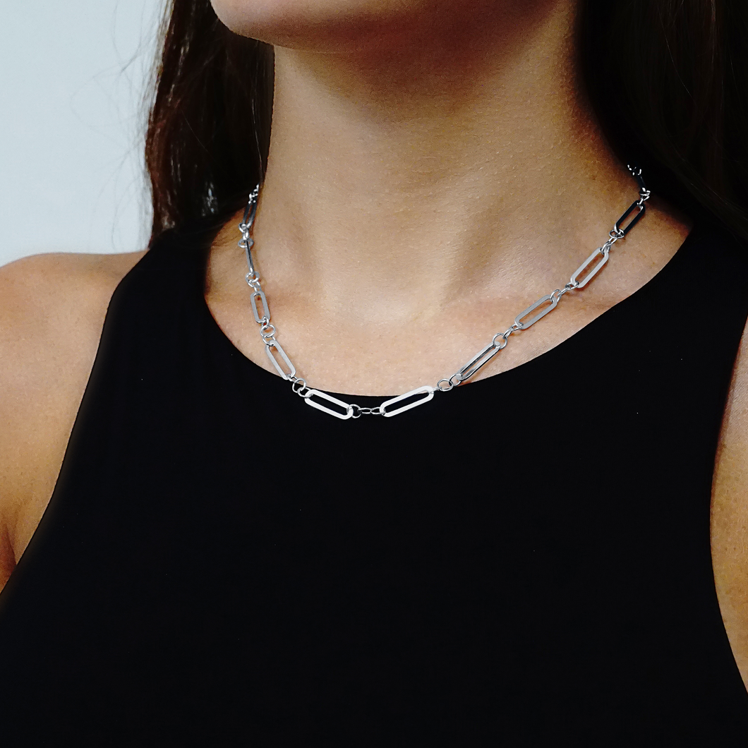 Alternating Tribeca Trace Paperclip Chain Necklace in Sterling Silver